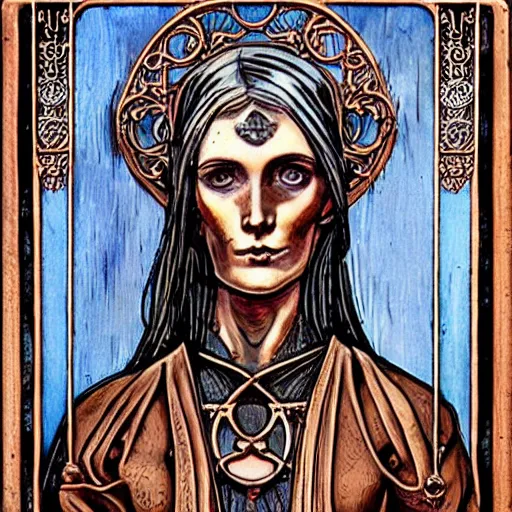 Image similar to steam _ girl _ memento _ mori _ gothic _ neo _ - _ gothic _ art _ nouveau _ hyperdetailed _ copper _ patina _ medieval _ icon _ philippe