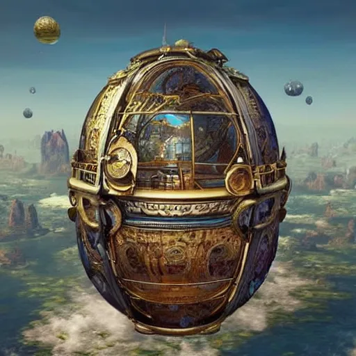 Image similar to enormous flying city!!! in a gigantic faberge egg, sky!!, steampunk, floating islands, fantasy art, unreal engine,