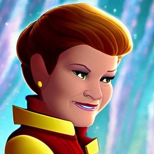 Prompt: captain janeway from star trek voyager in a still from a disney movie. beautiful animated character art, high quality, detailed face