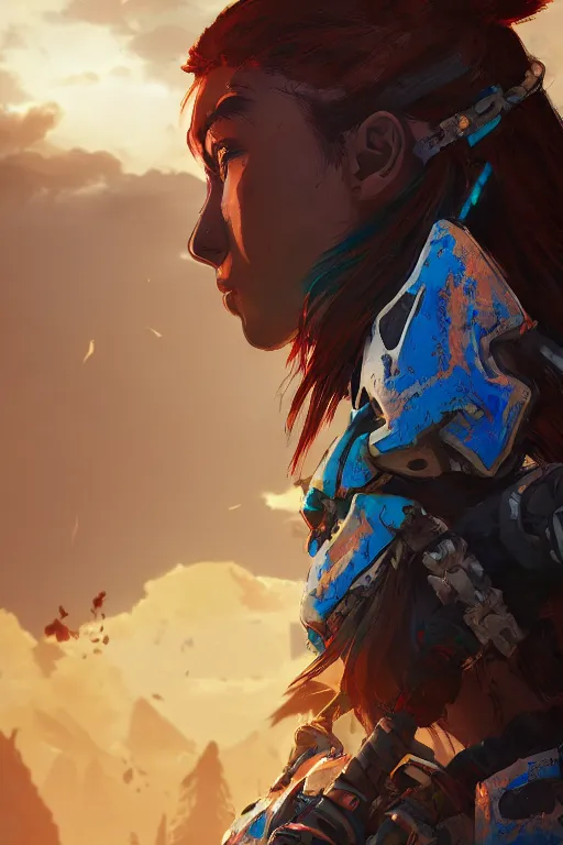 Image similar to combination suit armor aloy horizon forbidden west horizon zero dawn radiating a glowing aura global illumination ray tracing hdr fanart arstation by ian pesty and alena aenami artworks in 4 k tribal robot ninja mask helmet backpack