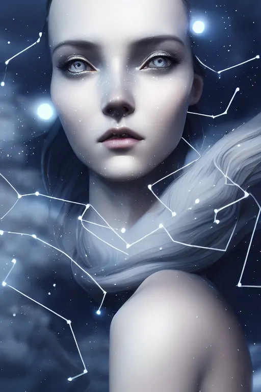 Image similar to constellation by charlie bowater and anna dittmann and artgerm and clemens ascher, intricate, elegant, blue and black and white mist, highly detailed, dramatic lighting, sharp focus, octane render, trending on artstation, artstationhd, artstationhq, unreal engine, 4 k, 8 k