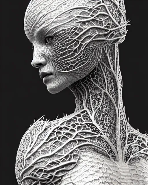 Image similar to bw close - up profile face, black background, beautiful porcelain vegetal dragon cyborg young female, 1 5 0 mm, beautiful natural soft rim light, silver gold details, magnolia leaves and stems, roots, fine lace, mandelbot fractal, elegant, ultra detailed, white metallic armour, octane render, h. r. giger style