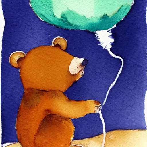 Image similar to a bear dreaming a thought bubble with a mouse in it, watercolor