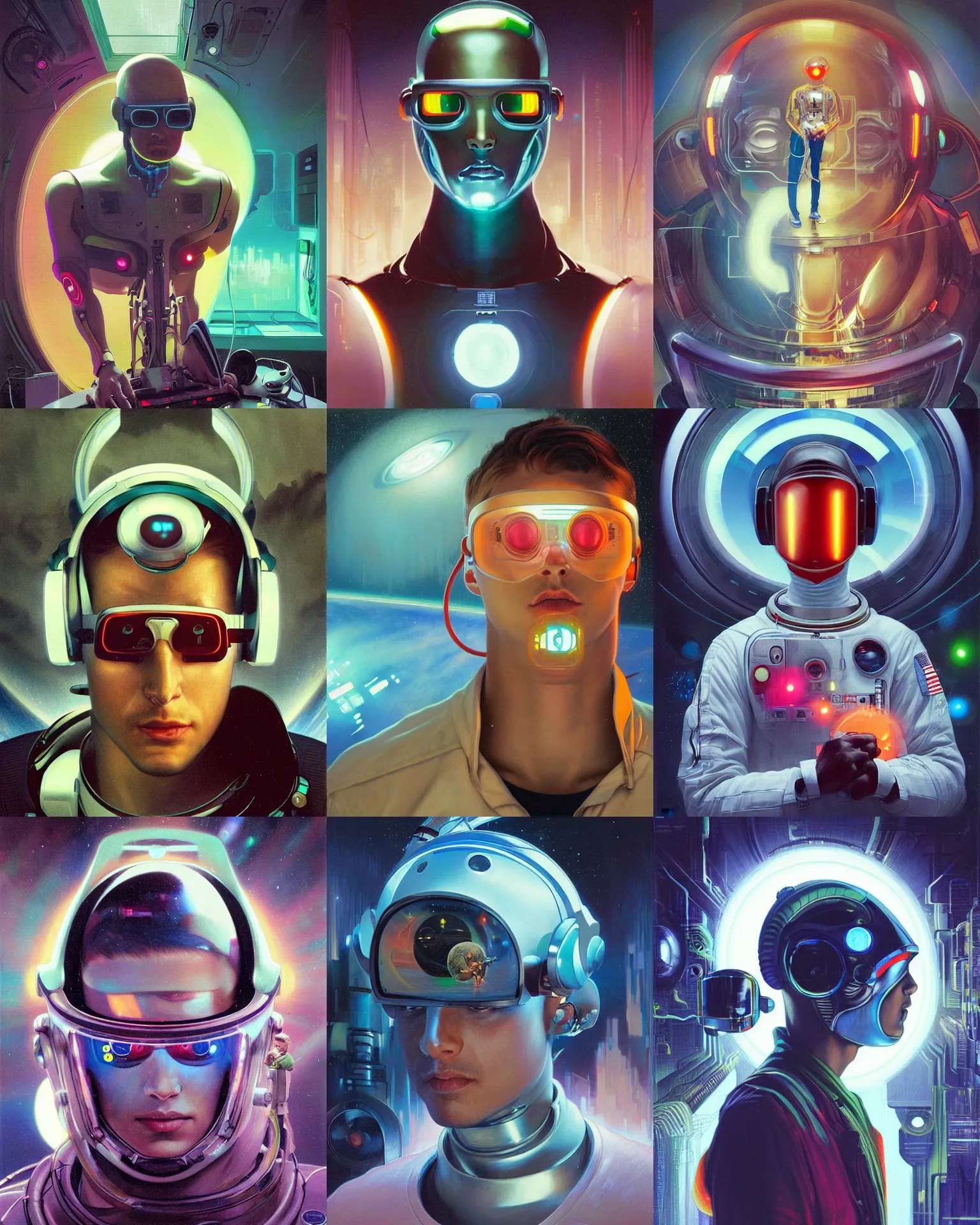 Prompt: future coder man looking on, sleek cyclops display over eyes and sleek bright headphoneset, neon accent lights, desaturated headshot portrait painting by donoto giancola, rhads, john berkey, alex grey, alphonse mucha, astronaut cyberpunk electric fashion photography