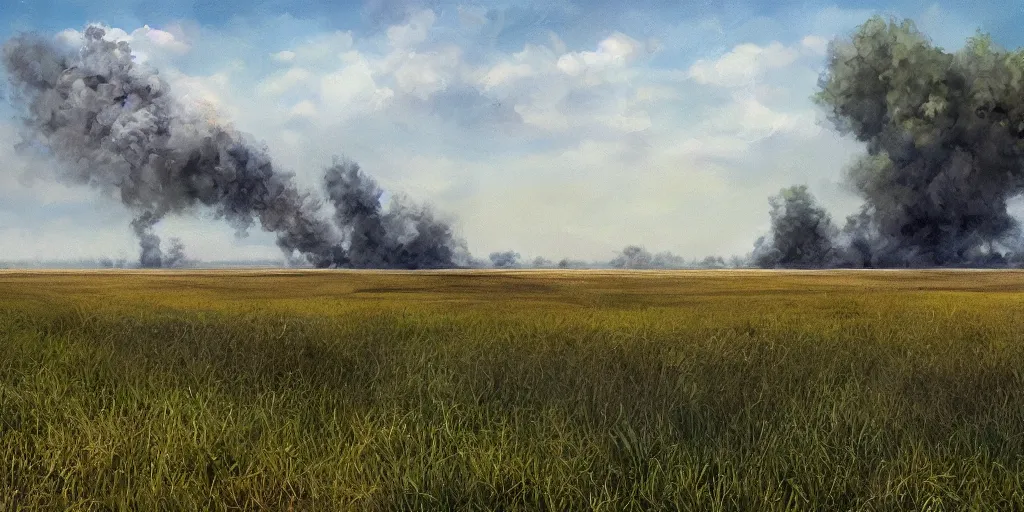 Image similar to an eastern front battlefield landscape, summertime, shell craters, single burning tank, digital oil painting