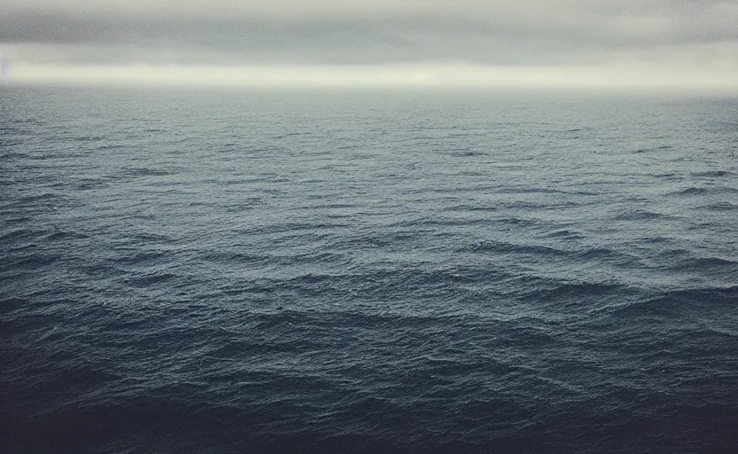 Image similar to “Foggy, dark blue Atlantic Ocean, menacing, lonely expanse”