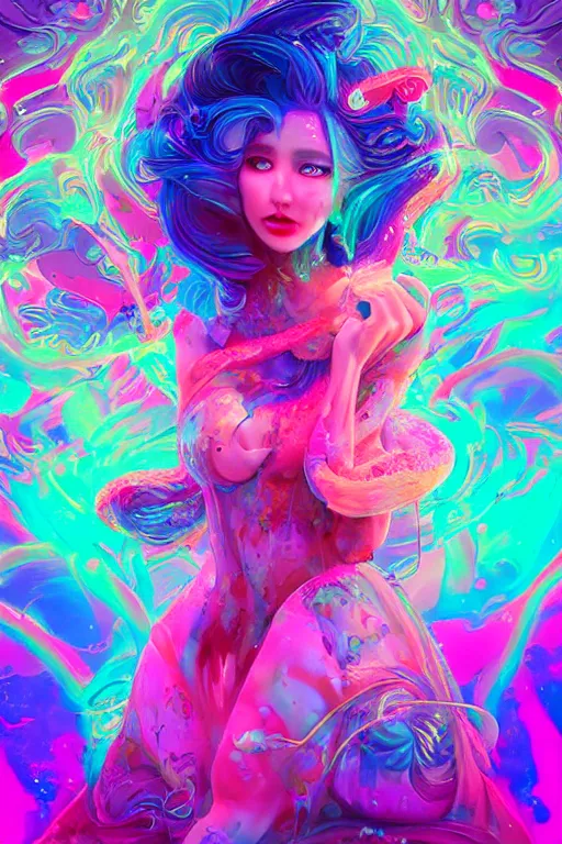 Prompt: a beautiful princess engulfed in colorful liquid clouds and neon smoke, extremely psychedelic experience, psilocybin, lsd, dmt, face, highly detailed, artstation, concept art,, sharp focus, digital art by hana yata, and artem demura and beeple, lisa frank, cyberpunk, octane render, unreal engine, 8 k