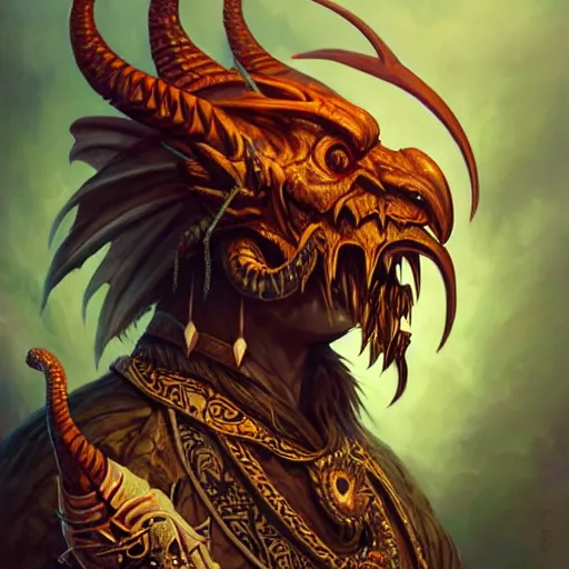 Image similar to side profile of barong family member, wiwek, mara demon, one single tribe member, jungle, one single mask, dark, ancient warrior, snake, dragon, eagle, eagle talons, tribal, inner glow, paint by peter mohrbacher