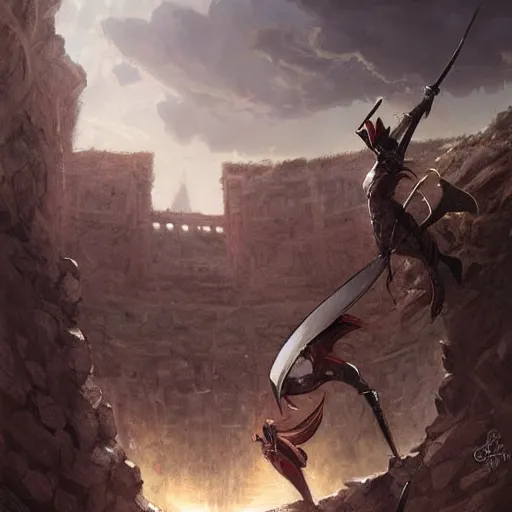 Prompt: a hill made of swords, in an arena, fantasy, digital art, by artgerm and greg rutkowski