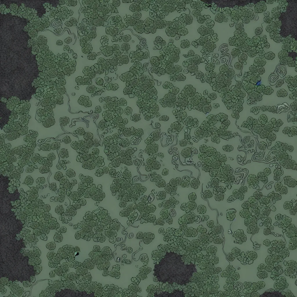 Prompt: a ttrpg map of a moonlit clearing in the woods, gridless, beautiful, 8 k, high quality digital art