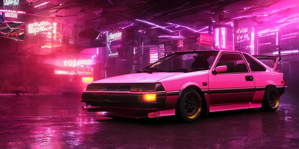 Image similar to toyota ae 8 4 sprinter trueno parked in a cyber punk alley, retrowave, synth colors, photo realistic, 8 k, rain, raytracing, reflections, neon colors,