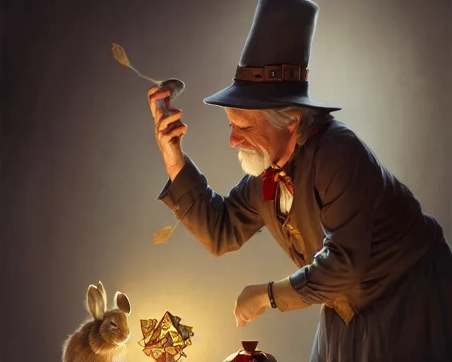 Prompt: an old man magician pulling a rabbit out his hat, deep focus, d & d, fantasy, intricate, elegant, highly detailed, digital painting, artstation, concept art, matte, sharp focus, illustration, hearthstone, art by artgerm and greg rutkowski and alphonse mucha