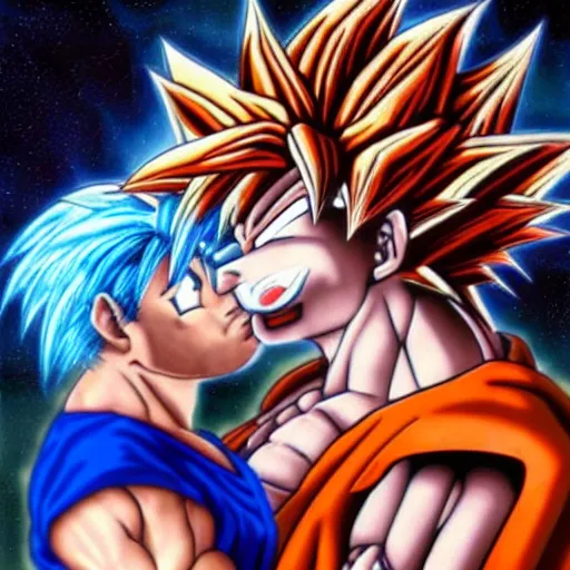 Image similar to realistic goku from dragonball z kissing a realistic mario.