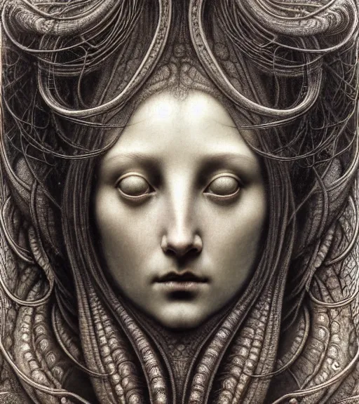 Image similar to detailed realistic beautiful mist goddess face portrait by jean delville, gustave dore, iris van herpen and marco mazzoni, art forms of nature by ernst haeckel, art nouveau, symbolist, visionary, gothic, neo - gothic, pre - raphaelite, fractal lace, intricate alien botanicals, ai biodiversity, surreality, hyperdetailed ultrasharp octane render