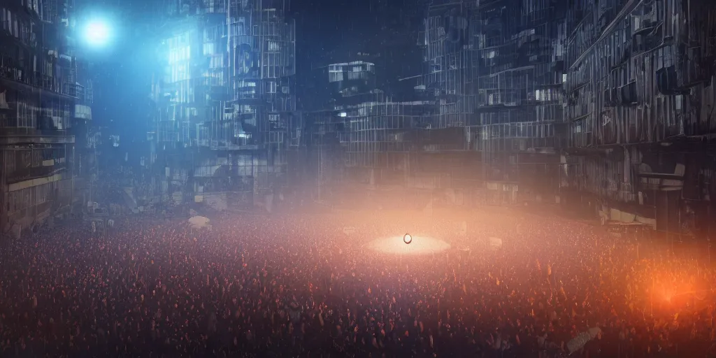 Image similar to a lot of policemens protecting a huge spiral - shaped very bright luminous object that floating on the ground right in the center of the city from protesting people, night, rain and light fog, professional lighting, concept art in 3 d, high detail, professional lighting