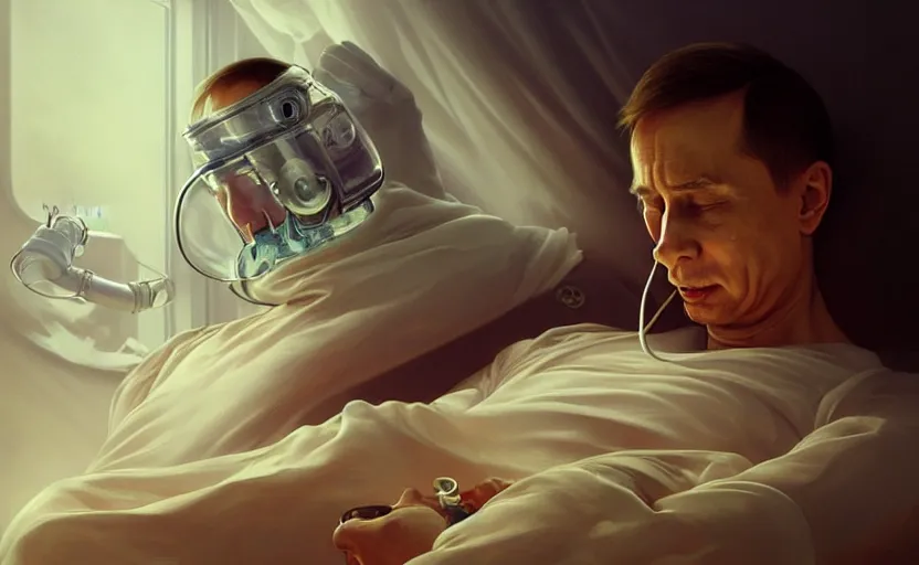 Image similar to Putin suffocates with oxygen mask on a death bed, intricate, portrait, highly detailed, digital painting, artstation, concept art, smooth, sharp focus, illustration, cinematic lighting, art by artgerm and greg rutkowski and alphonse mucha