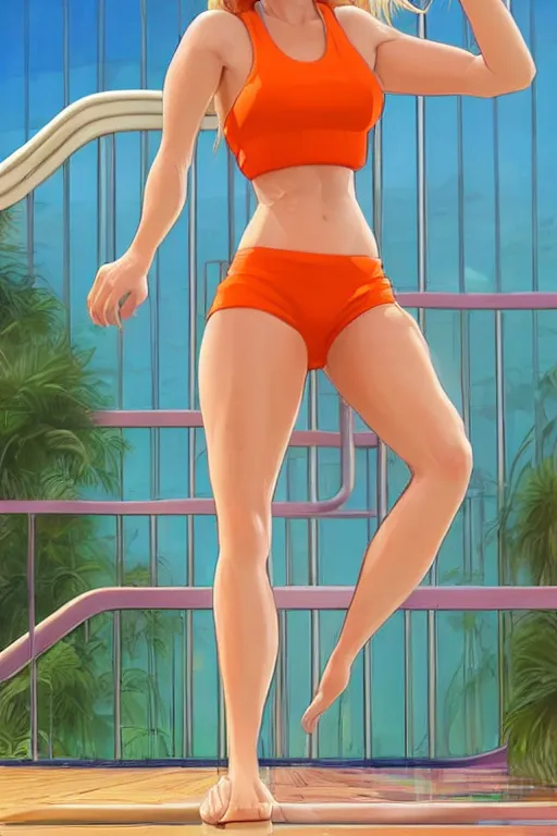 Image similar to a beautiful, very fit woman with hip-length blonde hair, wearing a short white crop top and short orange athletic shorts, stands by a swimming pool, facing forward, in the style of artgerm and moebius and annie liebovitz, photorealistic, highly detailed, trending on artstation