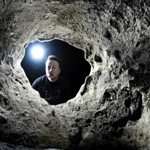 Image similar to photo inside a cavern of a wet reptilian humanoid rapper elon musk partially hidden behind a rock with black eyes open mouth and big teeth