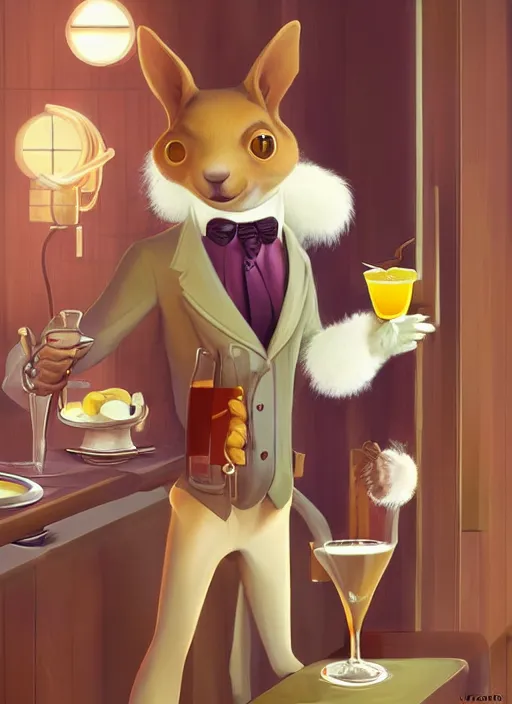 Image similar to squirrel anthro as a dapper bartender with a big, fluffy tail, retro futurism, art deco, detailed, painterly digital art by WLOP and Cory Loftis and Dod Procter, 🐿🍸🍋, furaffinity, trending on artstation