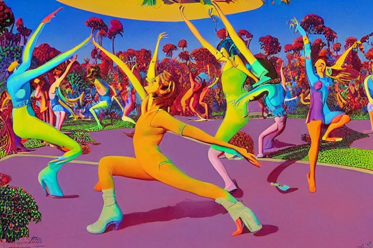 Prompt: a beautiful view of a groovypunk dance in a san francisco park, art by ron walotsky and peter max and roger dean