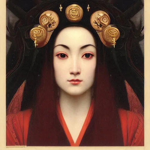 Image similar to front symmetric face of asian megane fox in japanese costume, victorian head dress, by jan van eyck, tom bagshaw, jean delville, william bouguereau, albrecht durer, symbolist painting, mysterious mood