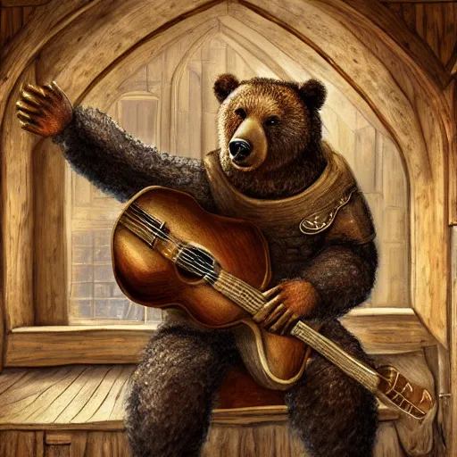 Image similar to A realistic bear playing guitar in a medieval shop viewed from the inside, texture, intricate, details, highly detailed, masterpiece, architecture, building, trending on artstation, focus, sharp focus, concept art, digital painting, fantasy, sunny, day, midday, in the style of skyrim