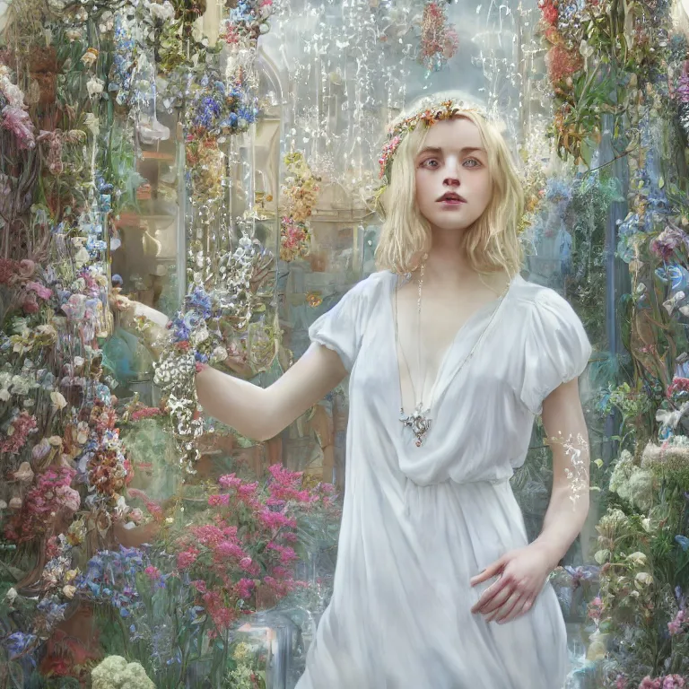 Image similar to a blonde girl in white dress in beautiful window, necklace with a fruit seed ornament, ocean eyes, light freckles, incense smoke and flowers in the background, portrait, mucha, conceptart, medium shot, unreal, octane, symmetrical, photorealism.