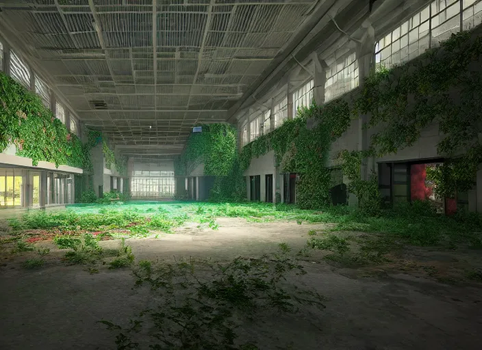 Image similar to inside a huge abandoned overgrown mall with swimming pool maze, bright halogen lights, highly detailed, 8 k, hdr, octane render, trending on artstation, volumetric lighting