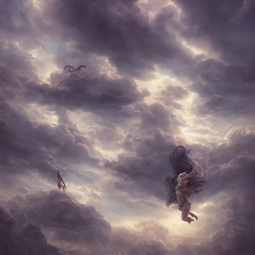 Prompt: lost soul in the clouds, epic shot, very detailed, clear, dawn, by artgerm, julie bell, beeple and Greg Rutkowski, airbrush, fantasy, 90s, Smooth gradients, octane render, 8k, High contrast, depth of field, very coherent artwork