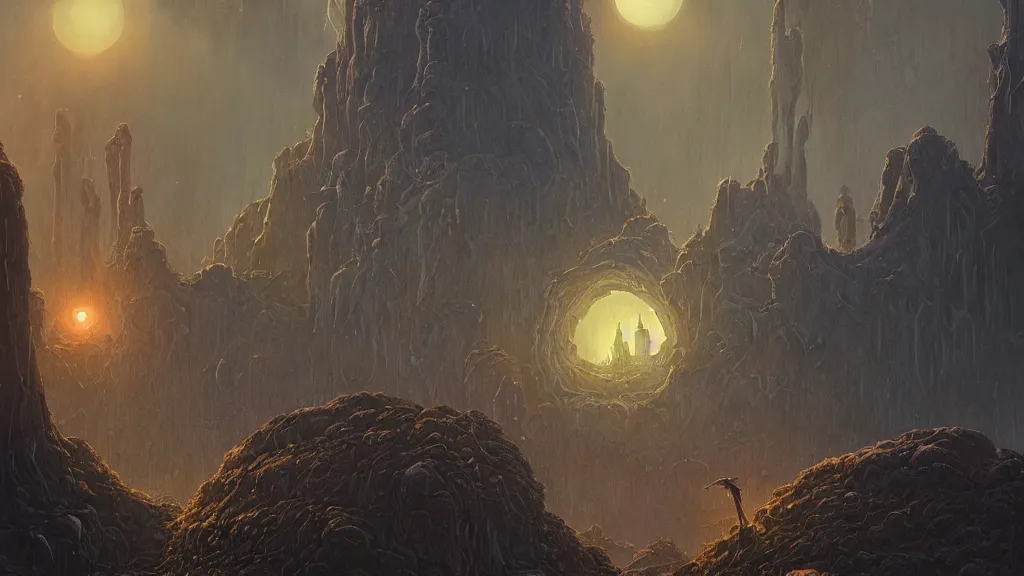 Image similar to eerie atmospheric alien planet with biomechanical plants and the ruins of civilization by les edwards and vincent di fate and anato finnstark, epic cinematic matte painting