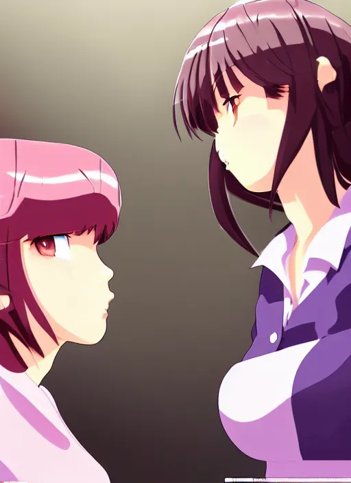 Image similar to two beautiful mothers face to face taunting each other, office clothes, gorgeous faces, smooth, cinematic lighting, detailed anime art