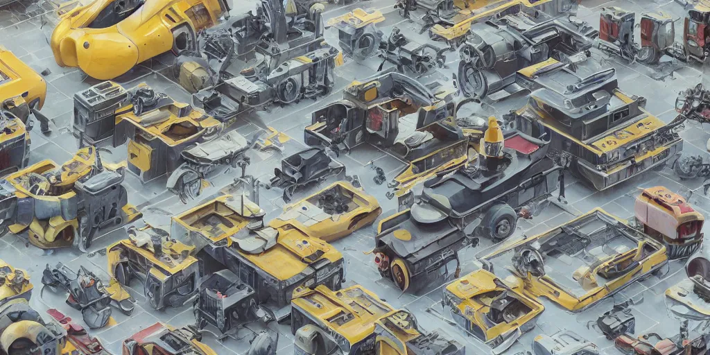 Image similar to collection of exploration of form and shapes, props, hard surface, panel, simon stalenhag, kitbash, items, gadget, big medium small, close up, vehicles, futuristic, parts, machinery, greebles, insanely detailed, case, hardware, golden ratio, wes anderson color scheme, in watercolor gouache detailed paintings