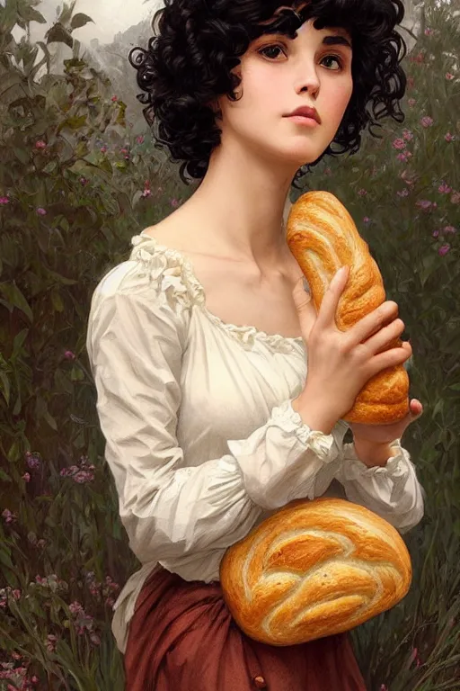 Image similar to beautiful cottagecore of a girl with short black curly hair, round face, cute face, holding a loaf of bread. intricate, elegant. highly detailed, digital painting, artstation, concept art, smooth, sharp, focus, illustration. . art by artgerm and greg rutkowski and alphonse mucha