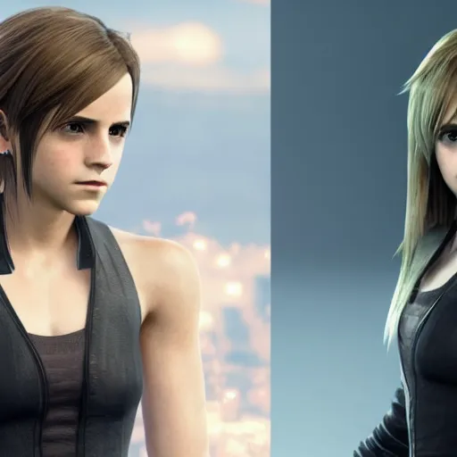 Image similar to emma watson in final fantasy vii remake, hair in a ponytail, character render, full body shot, highly detailed, in game render