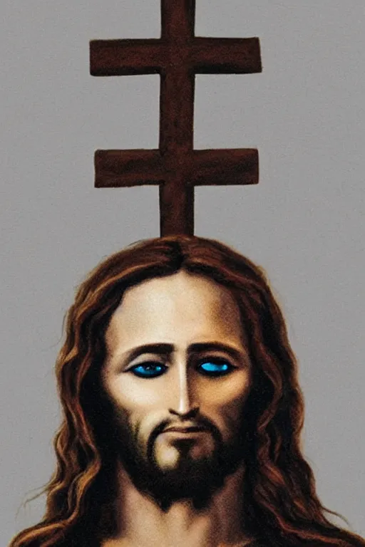 Prompt: jesus christ wearing a blinfold, peeking over blinfold with one eye, staring