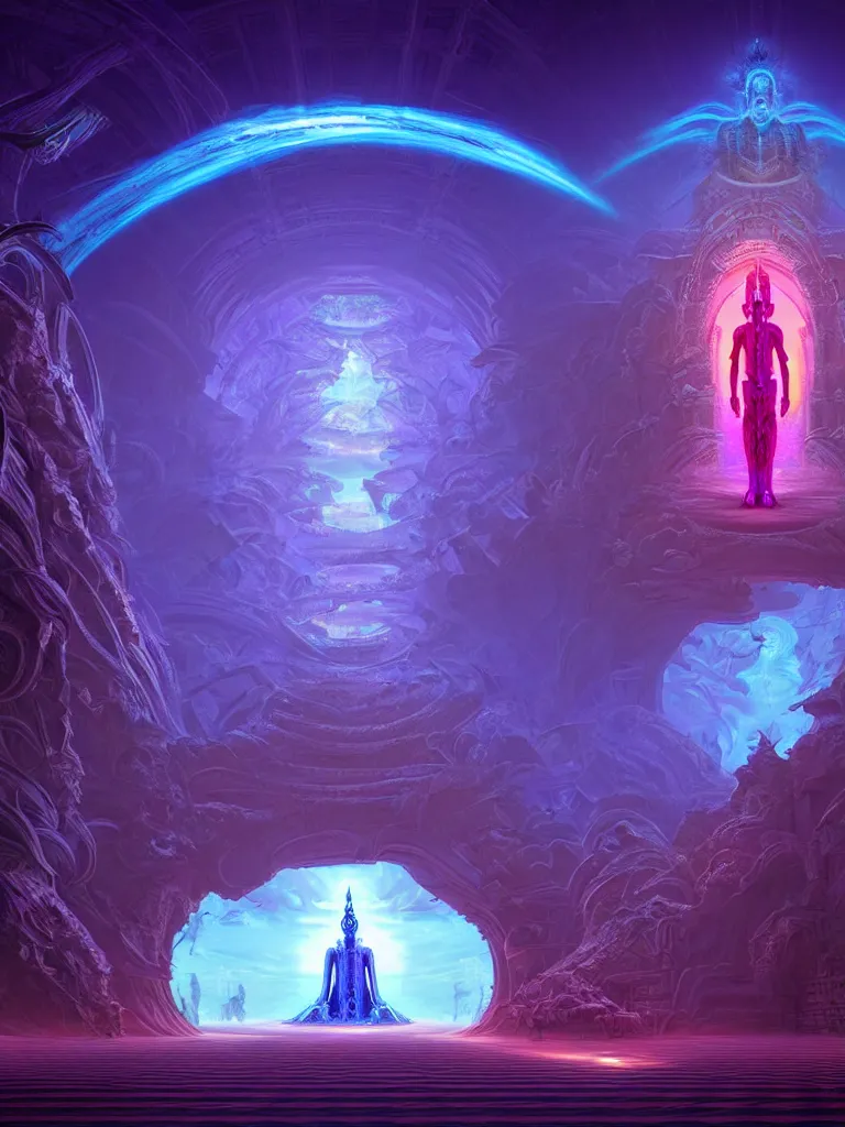 Prompt: entrance to ethereal realm, vishnu waiting, rendered in unreal engine, central composition, symmetrical composition, dreamy colorful cyberpunk colors, 6 point perspective, fantasy landscape with anthropomorphic!!! terrain!!! in the styles of igor morski, jim warren, and rob gonsalves, intricate, hyperrealistic, volumetric lighting, neon ambiance, distinct horizon