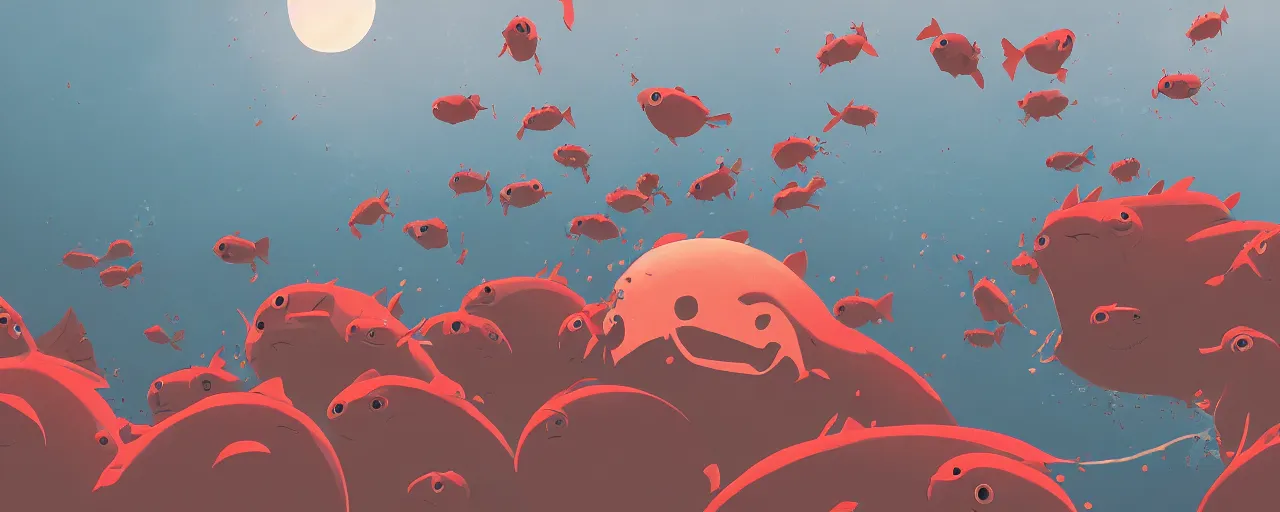 Image similar to piranhas swarming, blood in the water, atey ghailan, goro fujita, studio ghibli, rim light, terrifying, red tint, dark lighting, clear focus, very coherent