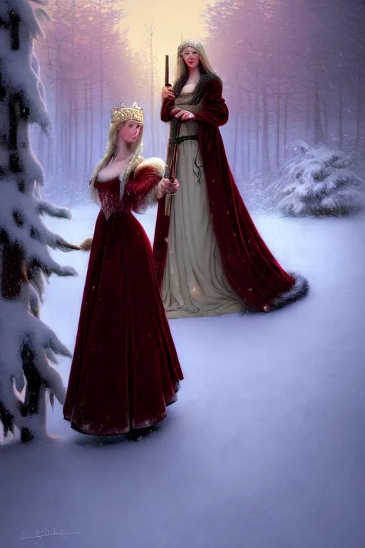 Prompt: nostalgia for a fairytale, nordic, snowing, medieval maiden dressed in furs, red velvet gown, long hair, tall and thin, illustration, dramatic lighting, soft details, painting, art nouveau, octane render, 8 k, hd, by edmund blair leighton, brom, charlie bowater, faces by otto schmidt