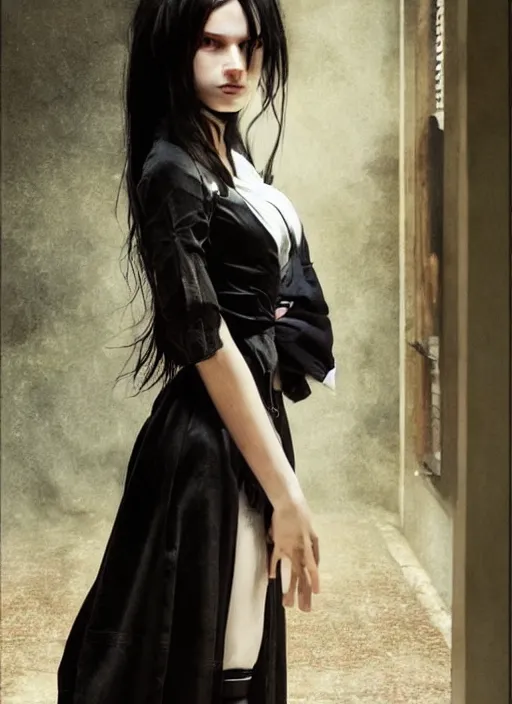 Image similar to a 1 6 year old girl eveline from resident evil 7 with straight long black hair wearing black dress that sitting on bathroom floor, photo for vogue, model エリサヘス s from acquamodels, art by artgem, greg rutkowski and alphonse mucha