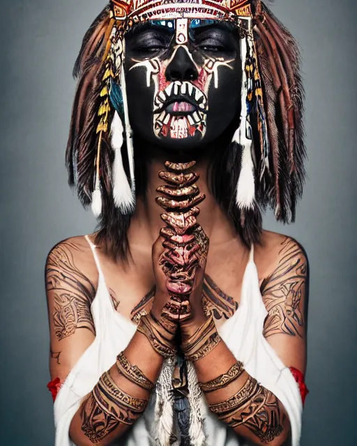 Image similar to photorealistic head and shoulders photo of beautiful female ornate fantasy indian tribal aztec warrior goddess, confident, minimal black skull warpaint, tattoos, Neil Blevins, James Paick, Natasha Tan Maciej Kuciara, Frank frazetta, arney freytag, Ritu Kumar, Sabyasachi Mukherjee, Magic the gathering,octane, bokeh, 8k, fashion pose, cinematic, 28mm