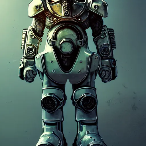 Image similar to perfectly - centered!! looking at the camera!!! low - angle!! full body portrait of fallout brotherhood in white power armor with roses, intricate abstract helmet intricate artwork, by tooth wu, wlop, beeple, dan mumford. concept art, octane render, deviantart, greg rutkowski, cinematic arthouse, key art, hyper realism, iridescent accents