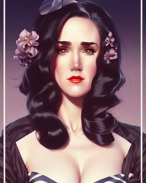 Image similar to a pin up and beautiful fashion charming dreamlke jennifer connelly, symmetrical face, symmetrical eyes, character art, art by artgerm lau and wlop and and ilya kuvshinov and john singer sargent, joshua middleton comic art