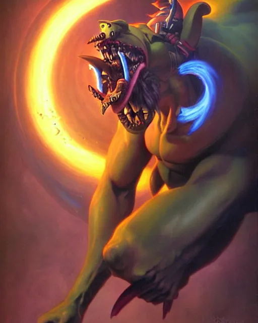 Image similar to junkrat from overwatch, fantasy art, sci - fi art, radiant light, caustics, by boris vallejo