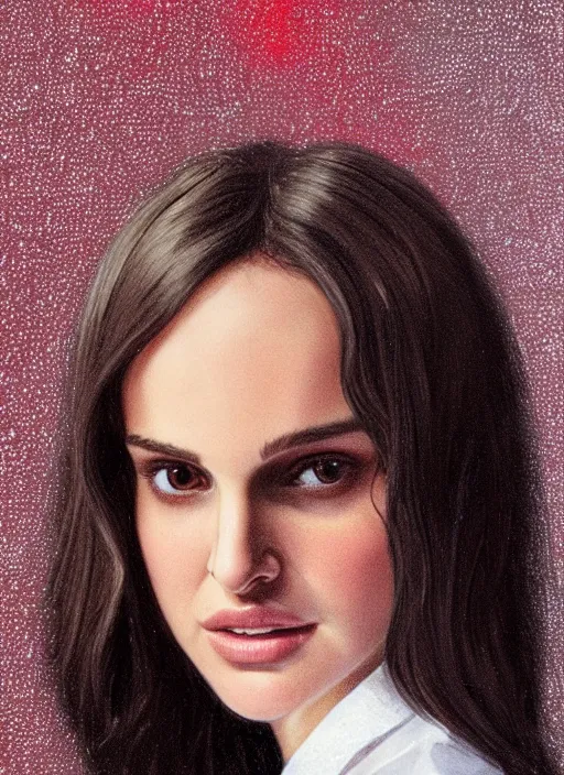 Image similar to portrait of teenage natalie portman, long haircut, flowing dark hair, white shirt, red tie, smiling kindly, forest at background, 1 9 8 0 s, intricate, elegant, glowing lights, highly detailed, digital painting, artstation, concept art, smooth, sharp focus, illustration, art by wlop, mars ravelo and greg rutkowski