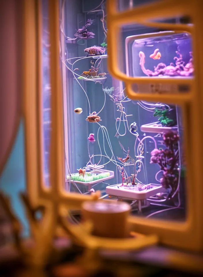 Prompt: telephoto 7 0 mm f / 2. 8 iso 2 0 0 photograph depicting the feeling of chrysalism in a cosy safe cluttered french sci - fi ( ( art nouveau ) ) cyberpunk apartment in a pastel dreamstate art cinema style. ( cat ) ( ( fish tank ) ), ambient light.