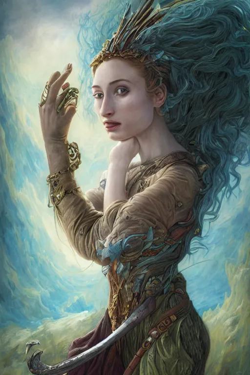 Image similar to A fantasy comic book style portrait painting of, hybrid, Oona Chaplin, Sophie Turner, as an Atlantean, Reptilian Warrior, Mystical Valkyrie, François Boucher, Oil Painting, unreal 5, DAZ, hyperrealistic, octane render, Regal, Refined, Detailed Digital Art, RPG portrait, Michael Cheval, William-Adolphe Bouguereau, Walt Disney (1937), Steampunk, dynamic lighting, Highly Detailed, Cinematic Lighting, Unreal Engine, 8k, HD