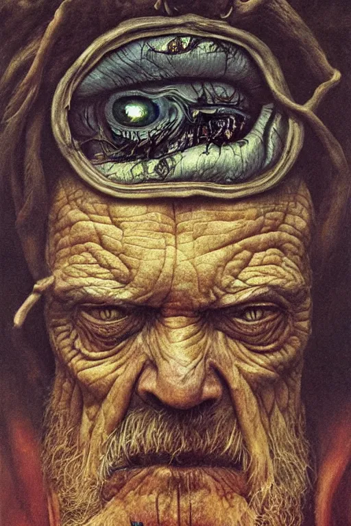 Image similar to hyperrealism oil painting, close - up portrait of a scary old man with a thousand eyes and mandibles, in style of baroque zdzislaw beksinski