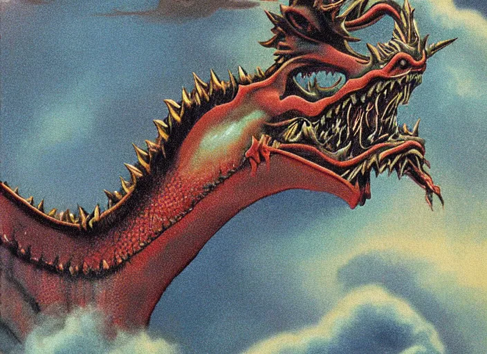 Image similar to pleasing - palette roaring symmetrical dragon head, close - up, pleasing palette, spiky teeth, highly detailed, made out of idyllic nebulous clouds sophisticated detailed pastel dragon from scenery fantasia ( 1 9 4 1 )