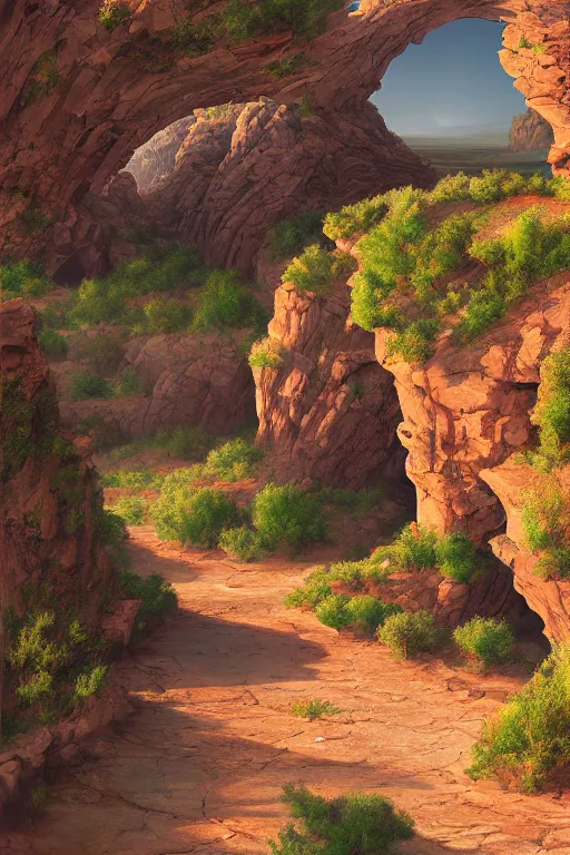 Image similar to beautiful utah desert, rock arcs, lush vegetation, landscape, alex ross, eddie mendoza, raphael lacoste, sebastian ludke, concept art, matte painting, highly detailed, rule of thirds, dynamic lighting, cinematic, detailed, magnificiant landscape, denoised, centerd