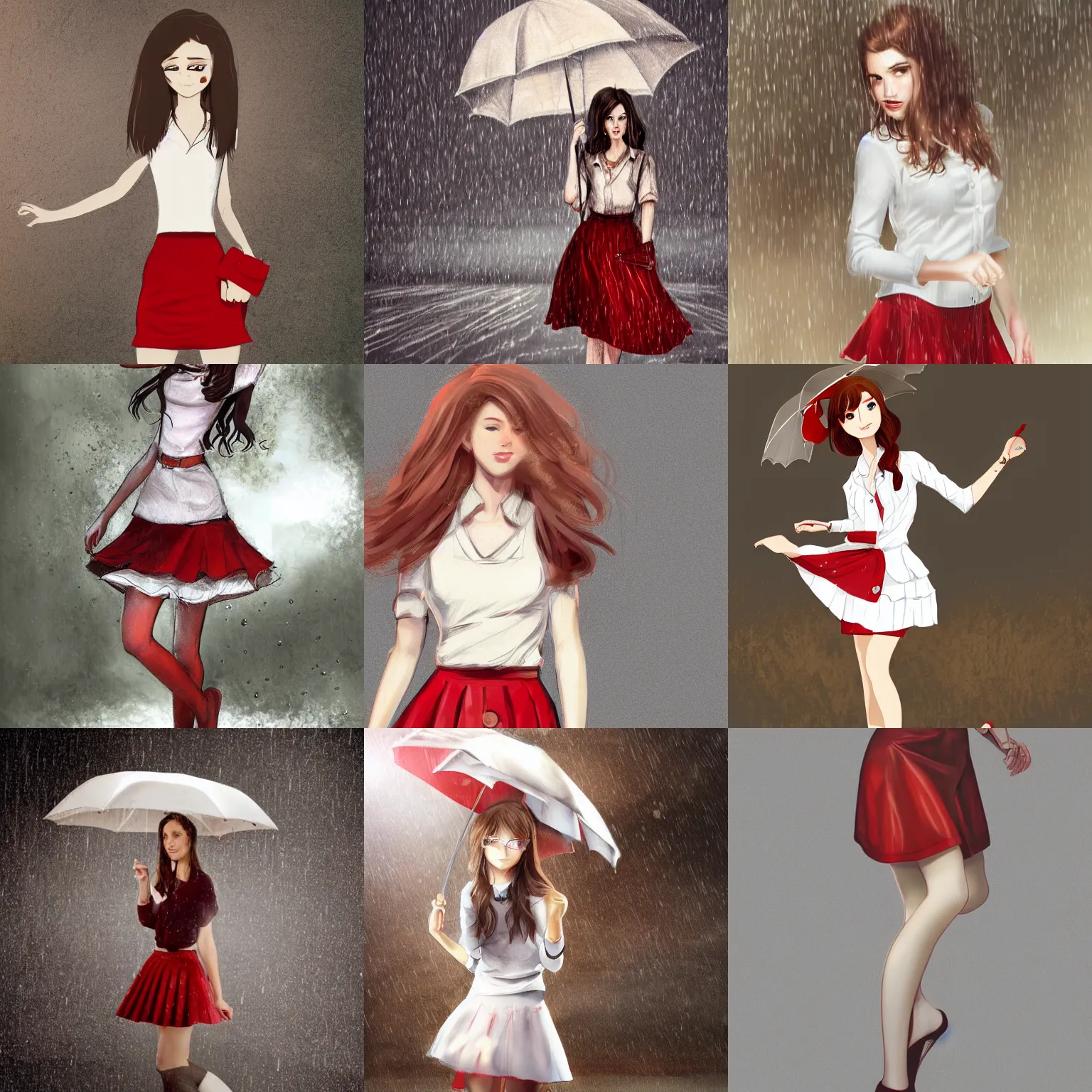 Prompt: beautiful classy young woman with brown hair and pale skin, standing in the rain, wearing a short red skirt and white blouse, concept art, highly detailed, intricate